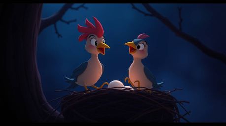 A dramatic, cinematic scene featuring two cartoon birds in a classic animation style. The birds are depicted building a nest 