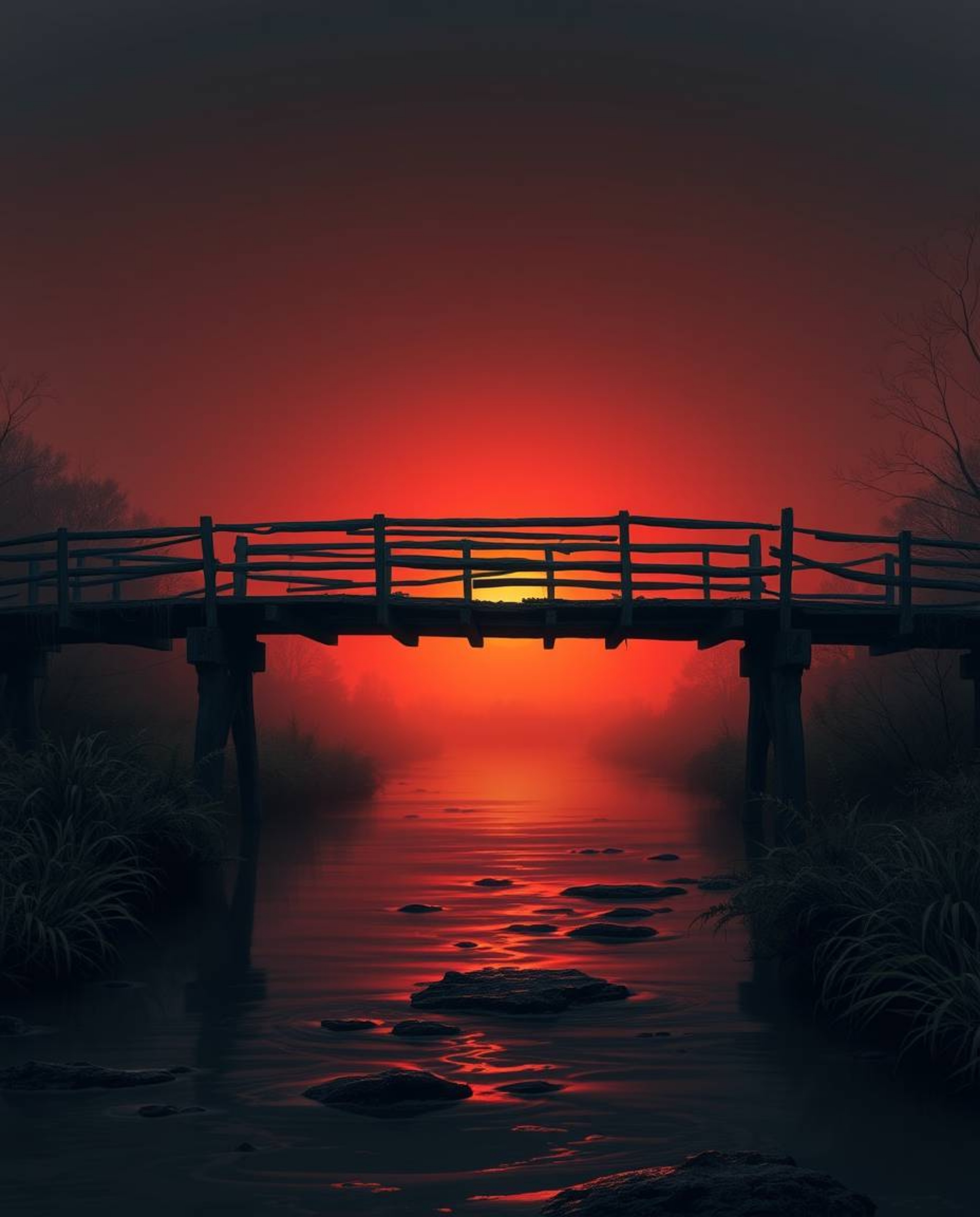 This digital artwork depicts an old wooden bridge over a river at sunset, creating an eerie and creepy atmosphere. The piece 
