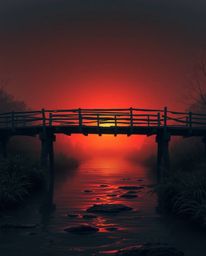 This digital artwork depicts an old wooden bridge over a river at sunset, creating an eerie and creepy atmosphere. The piece 