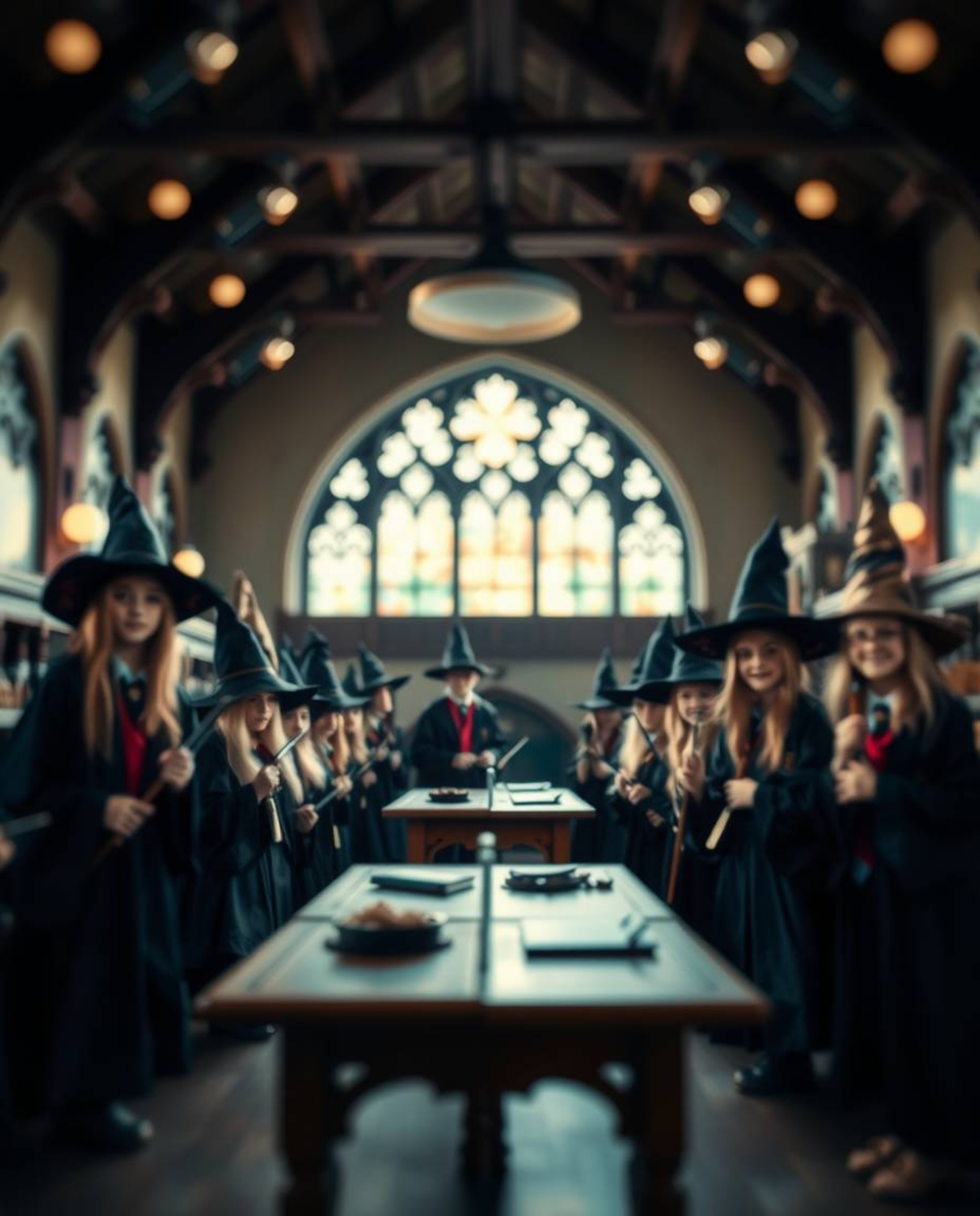 Discover a captivating image showcasing a distinct split composition of a magical school brimming with young wizards.  The ba