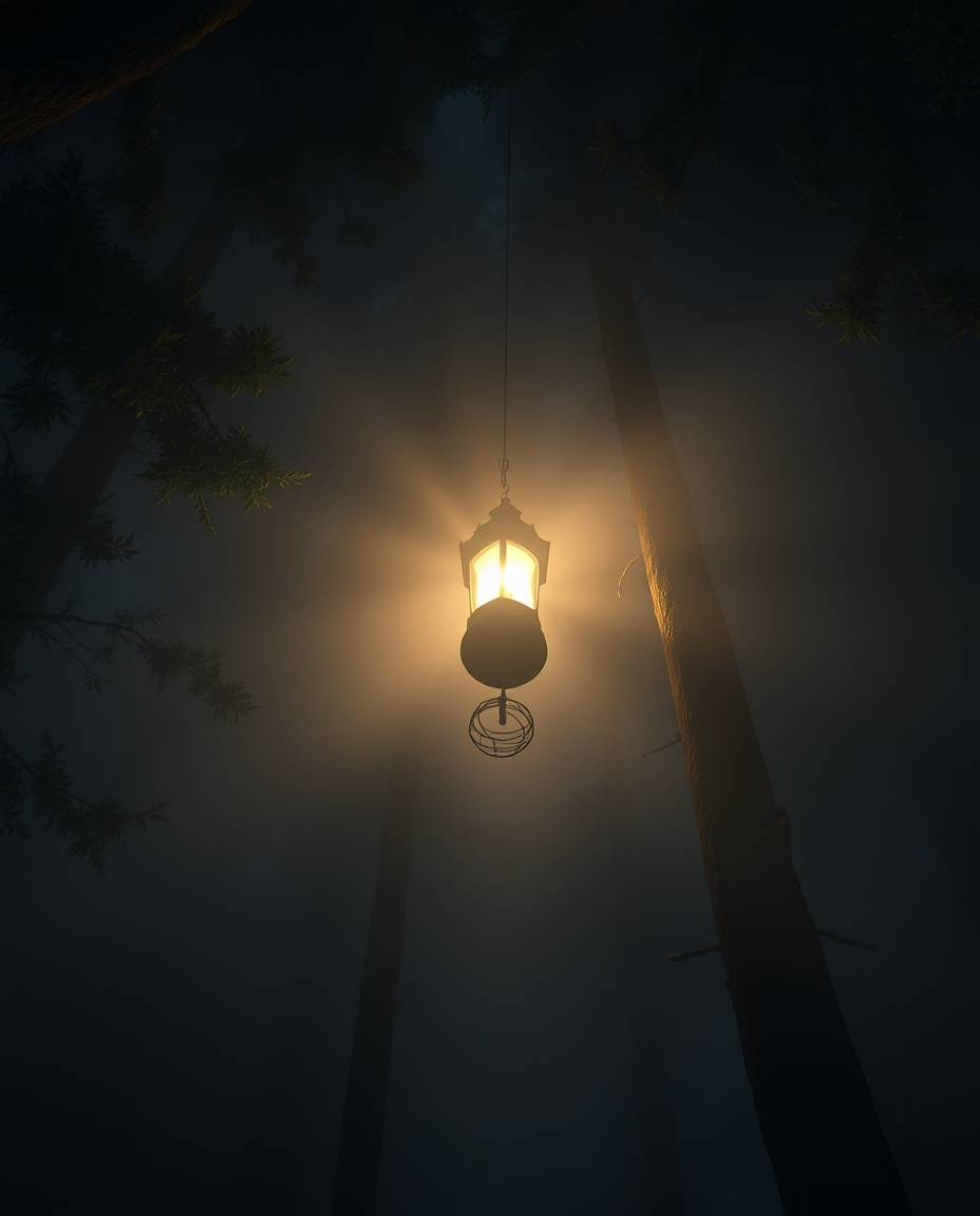 A captivating scene featuring a glowing lantern in a dark forest, enhanced by volumetric lighting and a high-angle perspectiv