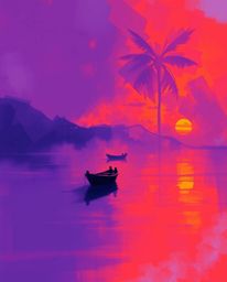 A dynamic digital sketch in deep ultraviolet hues depicts a boat drifting on a misty, atmospheric sunset lake. Created with l