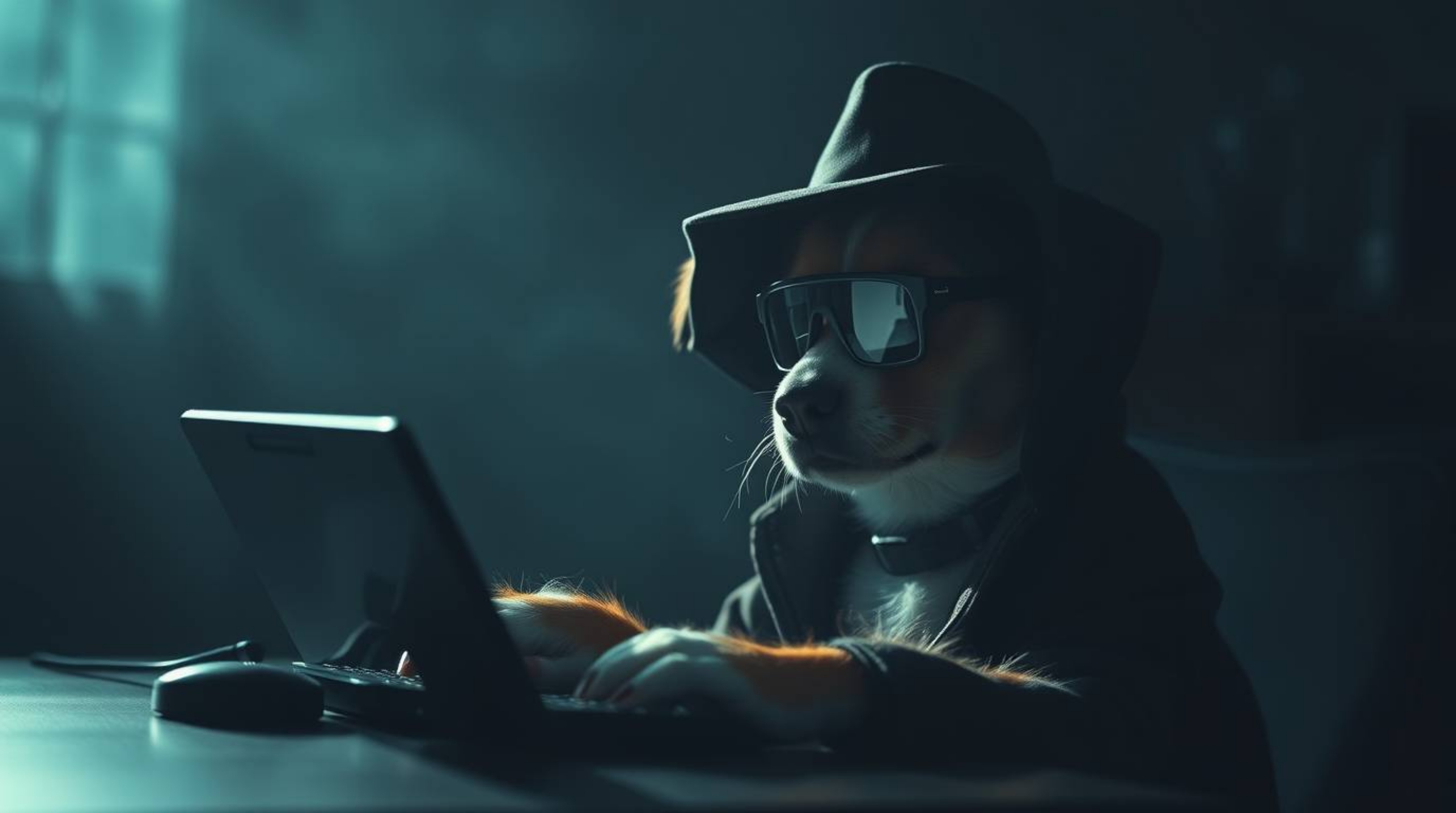 Discover a captivating image of a dreamy dog detective utilizing high-tech gadgets. This intensely black and soft photograph 