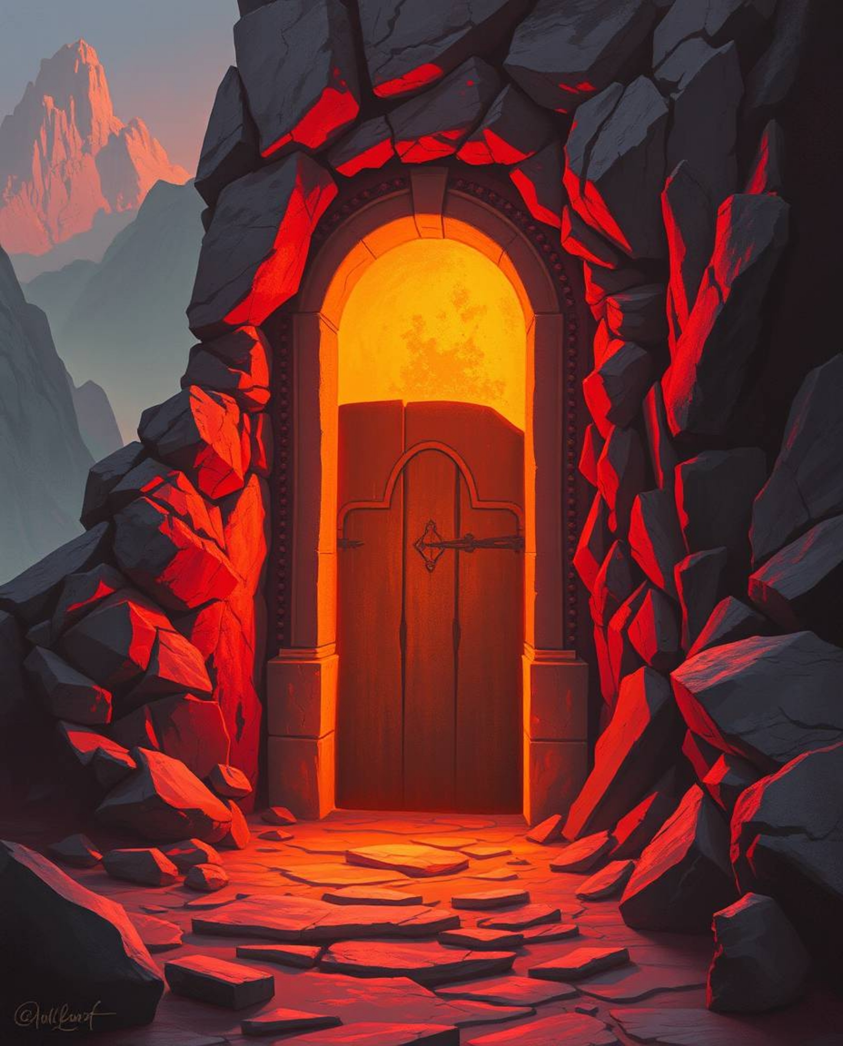 An ancient doorway, etched with glowing runes, is embedded in the side of a mountain. The scene is rendered in warm hues of r