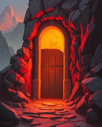 An ancient doorway, etched with glowing runes, is embedded in the side of a mountain. The scene is rendered in warm hues of r
