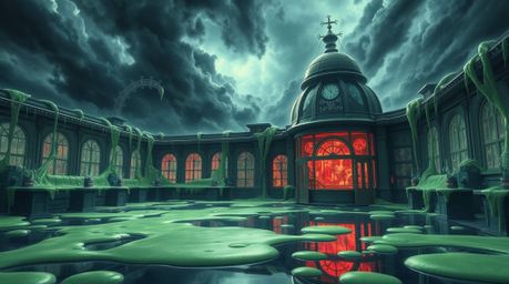 Explore a graceful and elegant, yet unsettling, slime-covered science lab rendered in high detail. The scene is set with inte