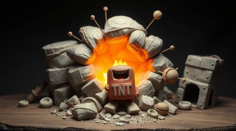 A charming clay sculpture captures a classic exploding TNT gag in the Wild West.  This whimsical artwork features meticulousl