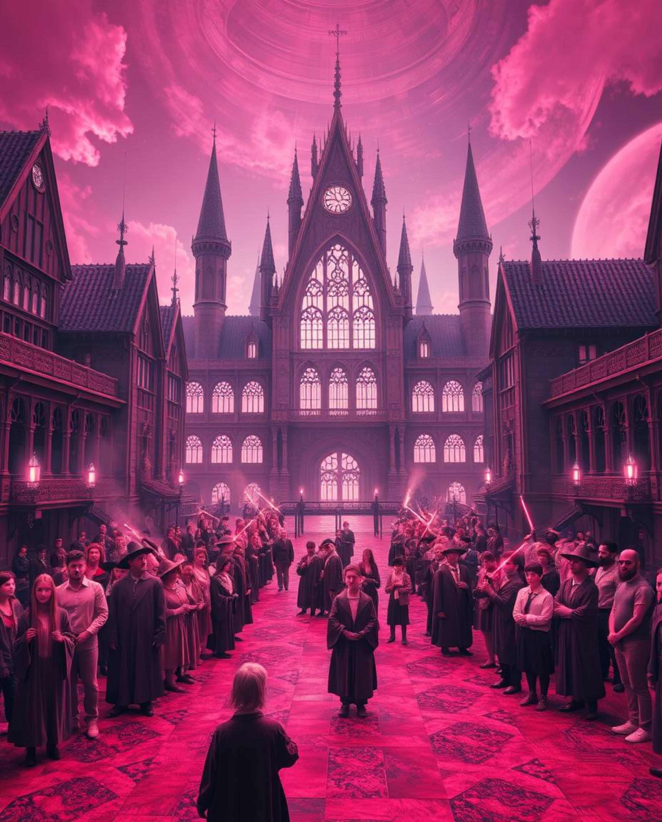 Experience a grand, epic scene of a magical school teeming with young wizards, captured through an infrared spectrum for an o