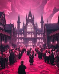 Experience a grand, epic scene of a magical school teeming with young wizards, captured through an infrared spectrum for an o