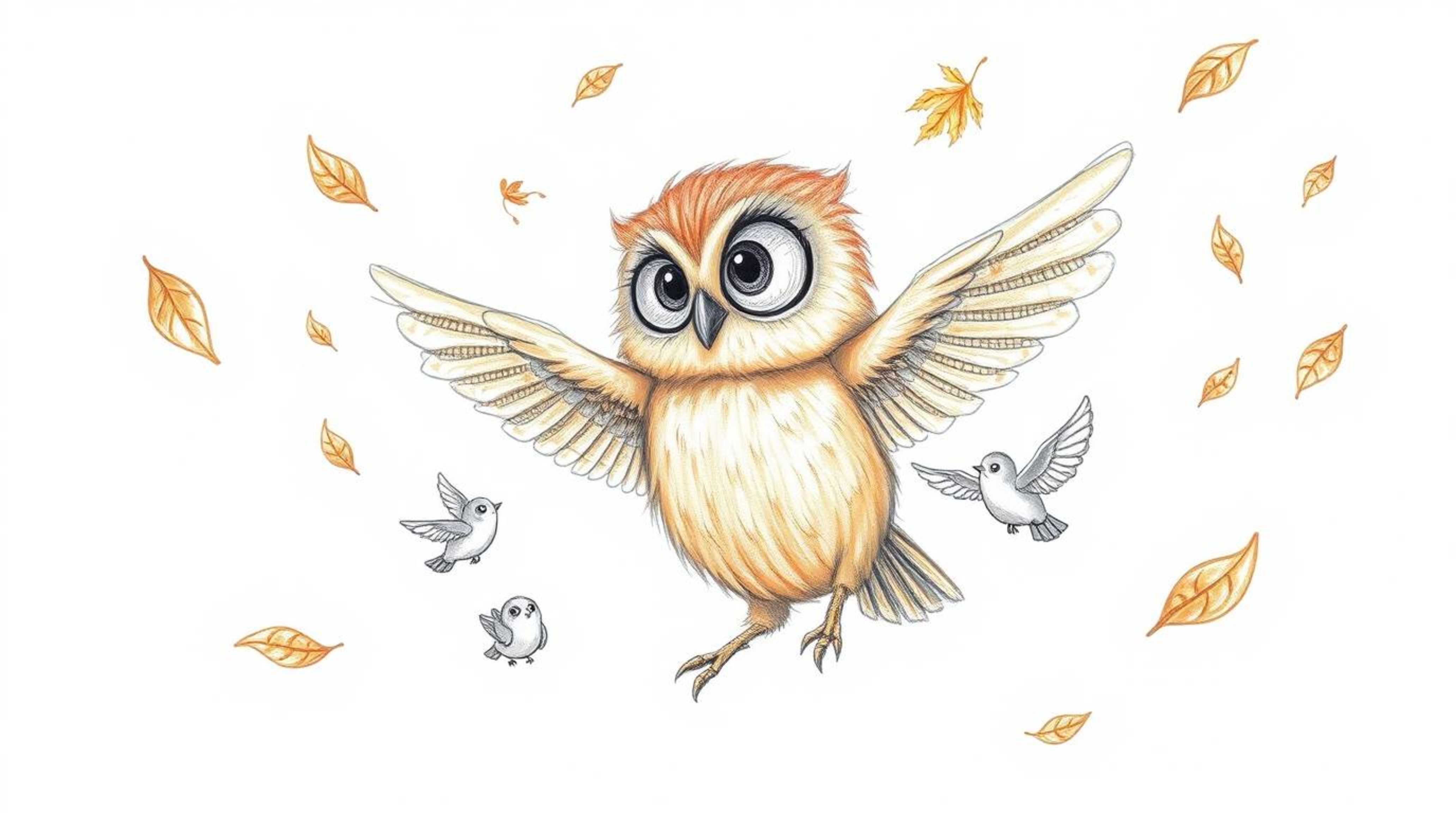 A heartwarming hand-drawn sketch in the style of Pixar showcases a blind owl with expressive eyes and soft, downy feathers, t