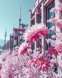 Precise architectural color photography captures surreal infrared tones of flowers blooming amidst the sharp lines and detail