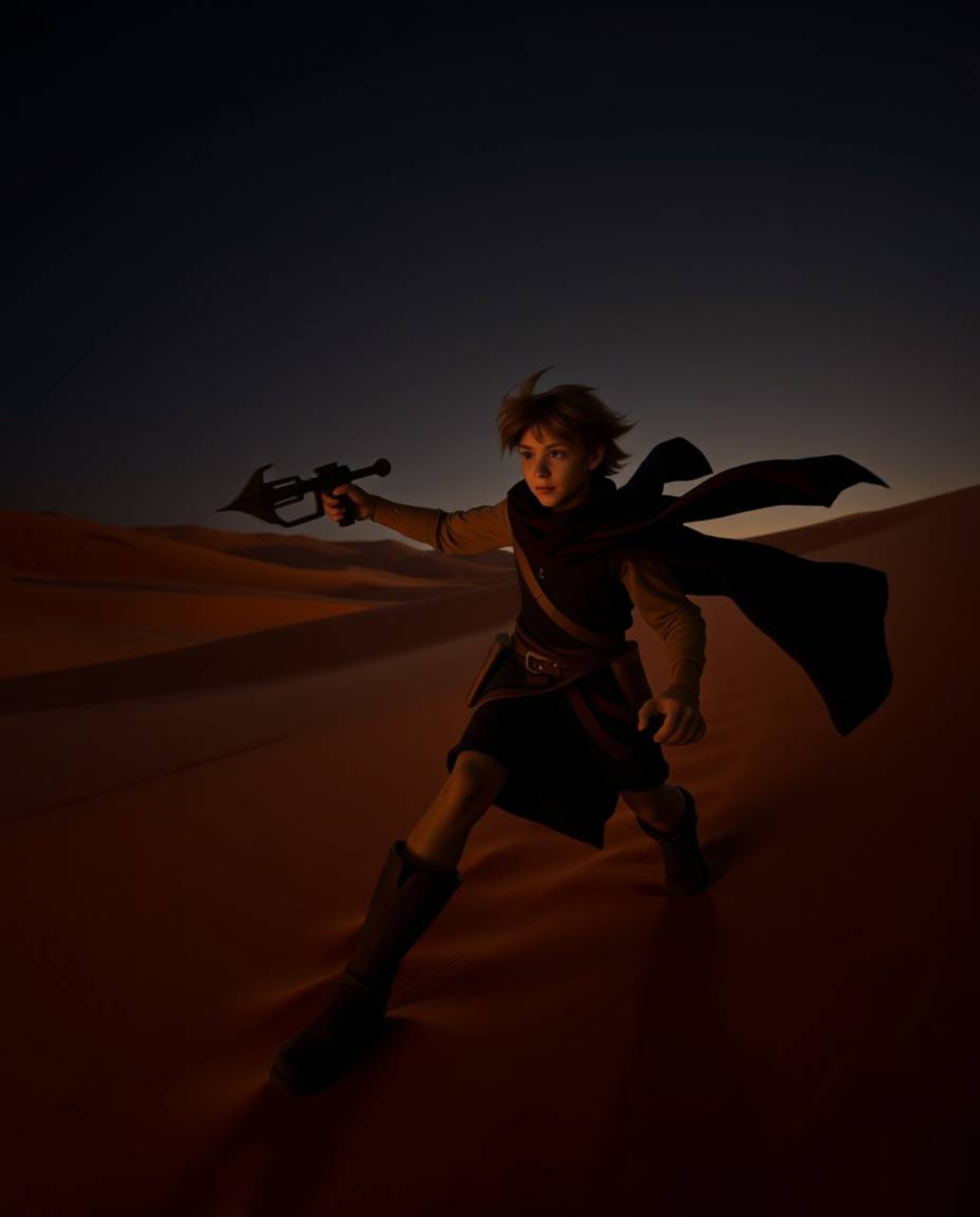Embark on a thrilling desert adventure with a brave hero in this Disney-style rendition. Experience the art of long exposure
