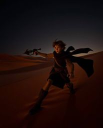 Embark on a thrilling desert adventure with a brave hero in this Disney-style rendition. Experience the art of long exposure 