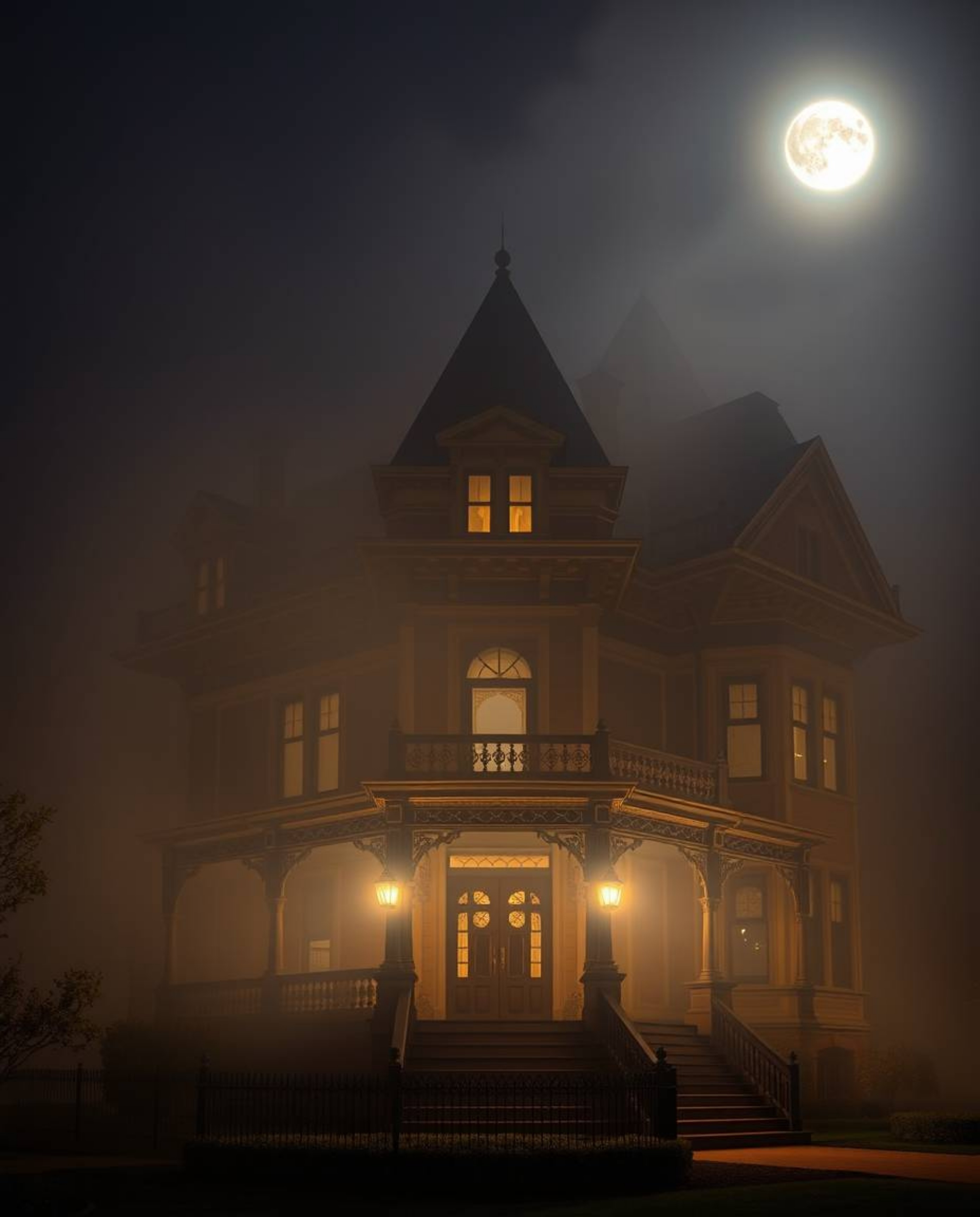 A precise architectural color photograph capturing a fog-covered Victorian mansion under the ethereal glow of moonlight. The 