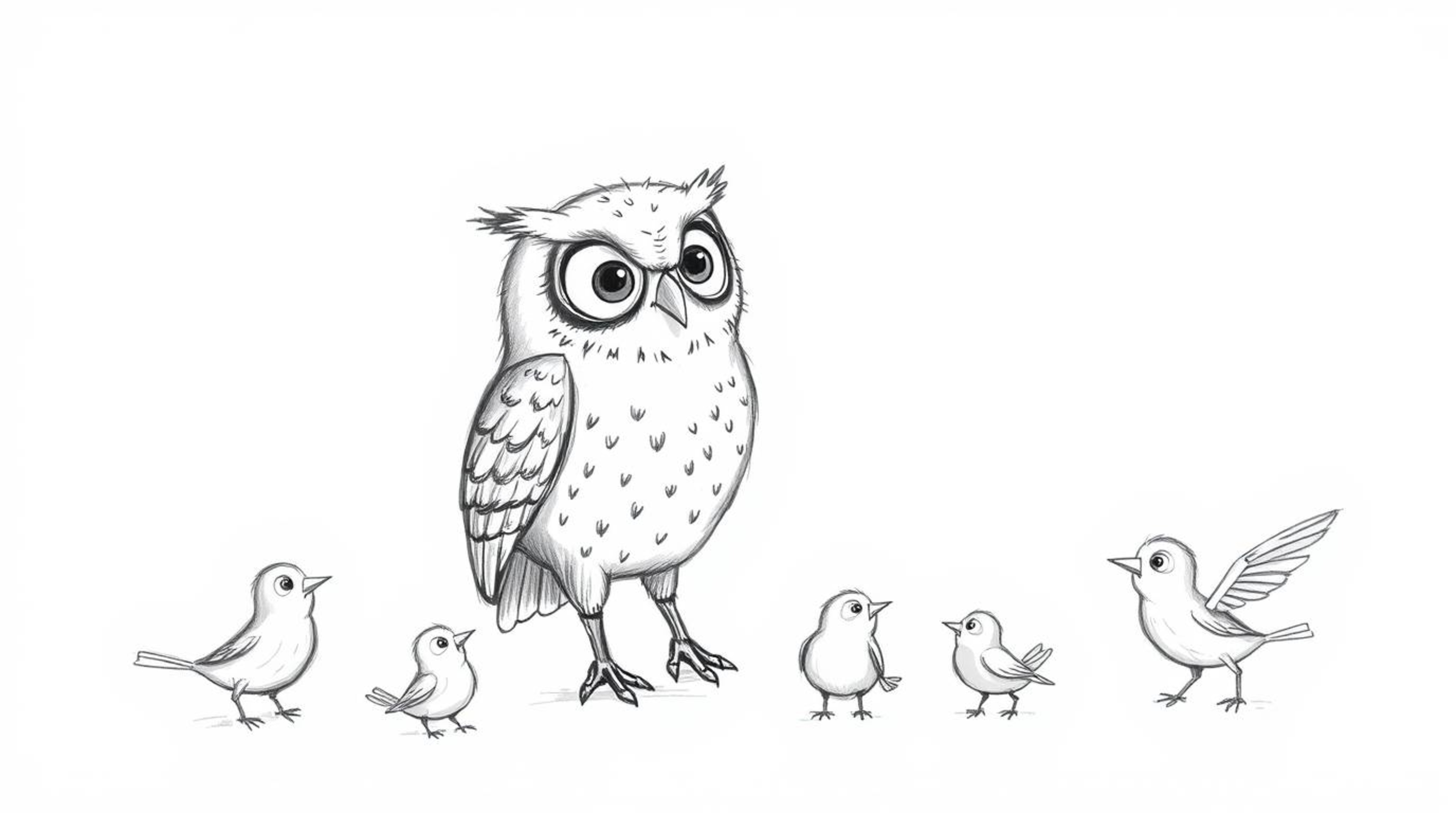 A charming Pixar-style hand-drawn sketch depicts a blind owl with expressive eyes using wind chimes and fabric flaps as innov