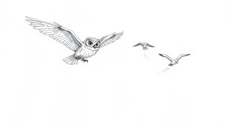 A heartwarming hand-drawn sketch in the style of Pixar depicts a blind owl mid-flight, guiding a flock of birds in their flyi