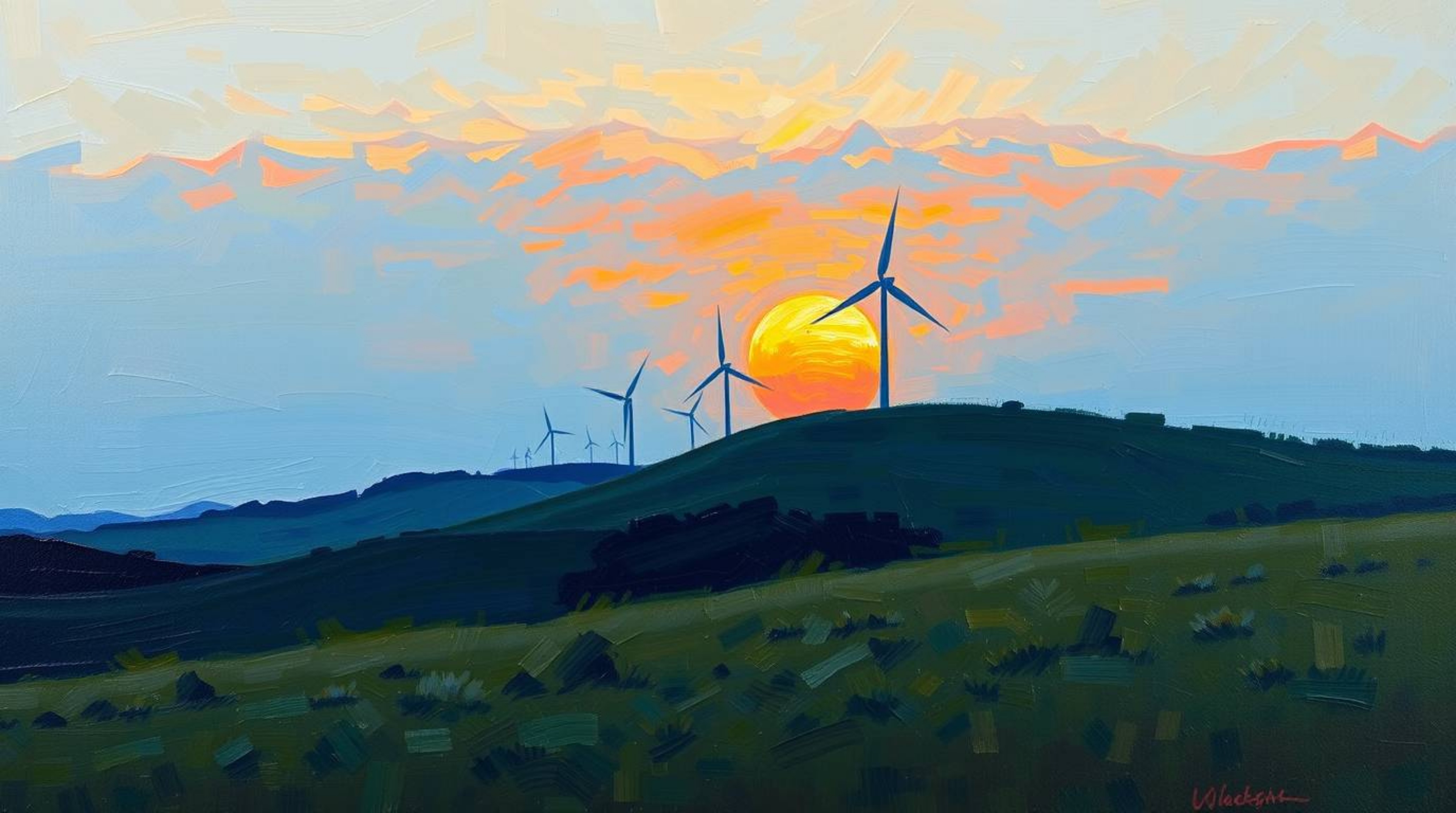 This classic oil painting captures a breathtaking sunset behind a row of wind turbines perched atop a hill. The artwork boast