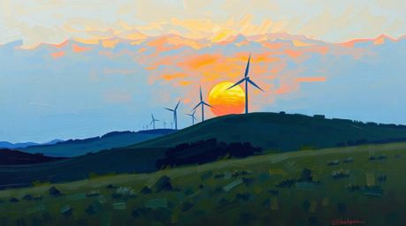 This classic oil painting captures a breathtaking sunset behind a row of wind turbines perched atop a hill. The artwork boast