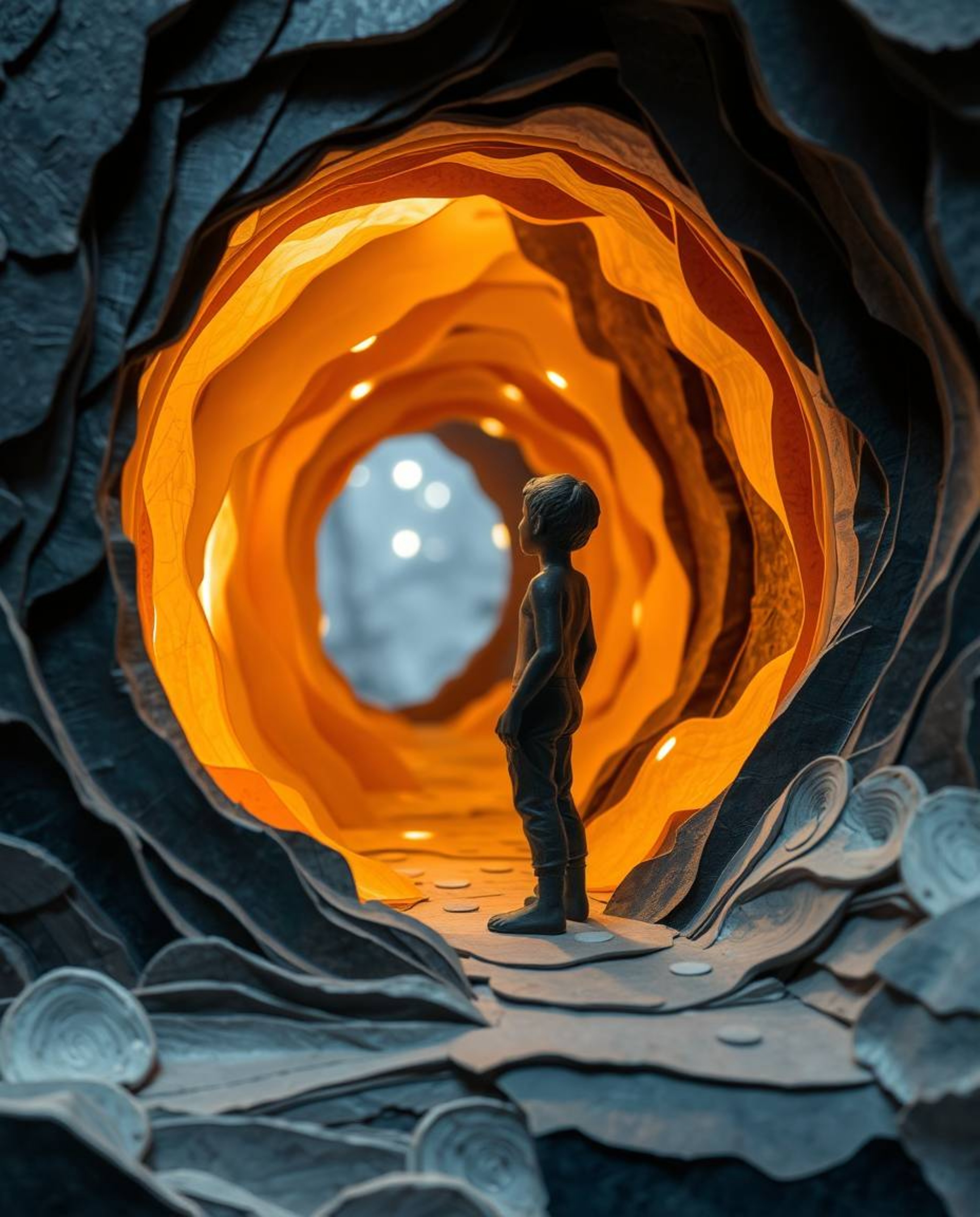 A captivating layered papier-mâché artwork depicts a dark-skinned figure standing at a tunnel's entrance, gazing towards a ra