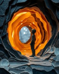 A captivating layered papier-mâché artwork depicts a dark-skinned figure standing at a tunnel's entrance, gazing towards a ra