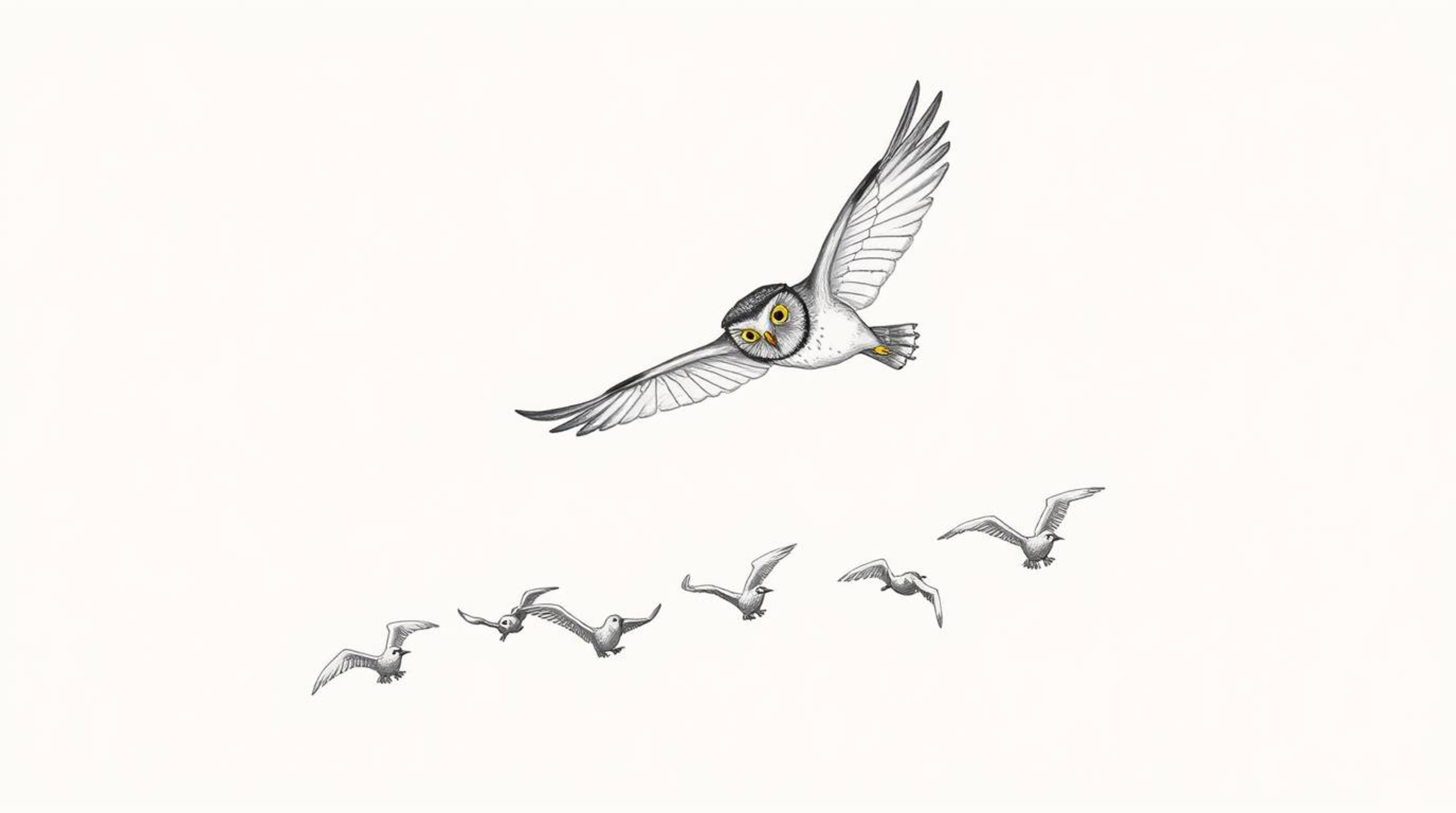 A captivating hand-drawn sketch in the style of Pixar depicts a blind owl in mid-flight, gracefully guiding a flock of birds.