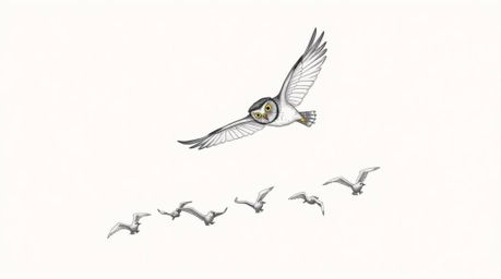 A captivating hand-drawn sketch in the style of Pixar depicts a blind owl in mid-flight, gracefully guiding a flock of birds.