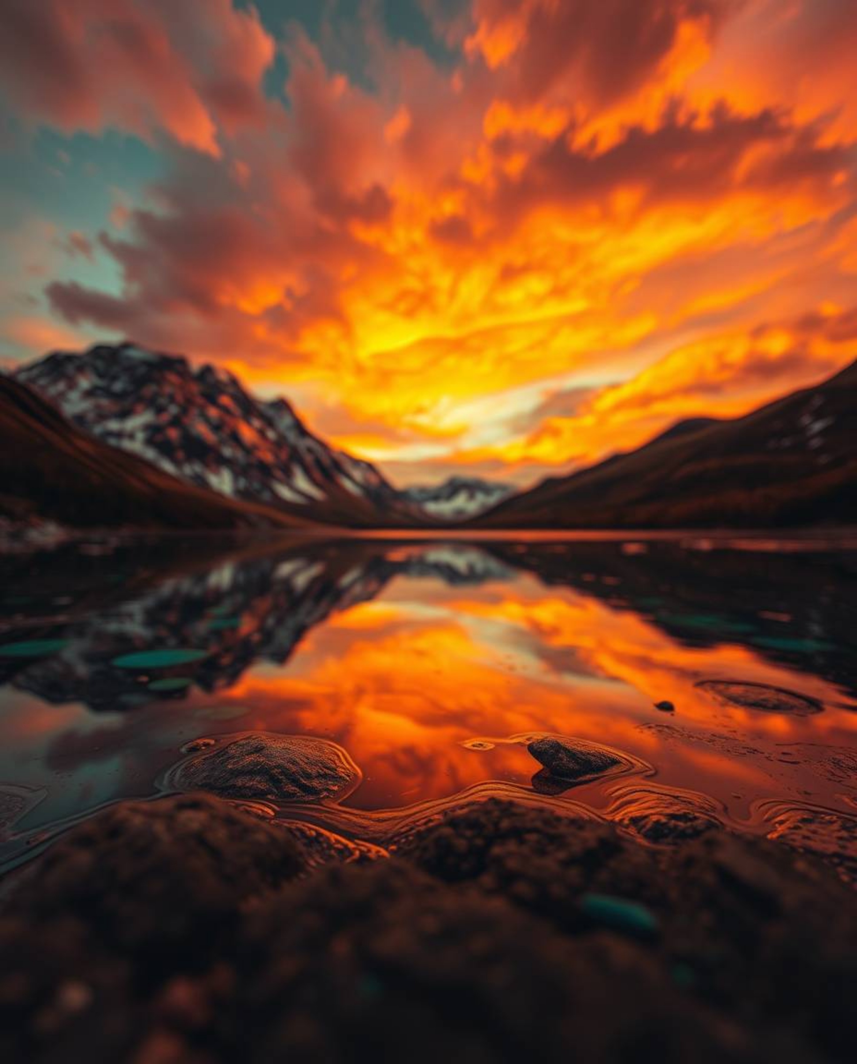 An extreme close-up shot capturing the glowing, bioluminescent colors of fiery cloud reflections in a mountain lake. This ima