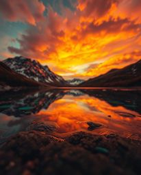 An extreme close-up shot capturing the glowing, bioluminescent colors of fiery cloud reflections in a mountain lake. This ima