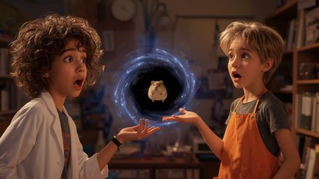 In a vibrant, cinematic photograph rendered in a hyper-realistic, Pixar-inspired style, a dynamic science fair duo unwittingl