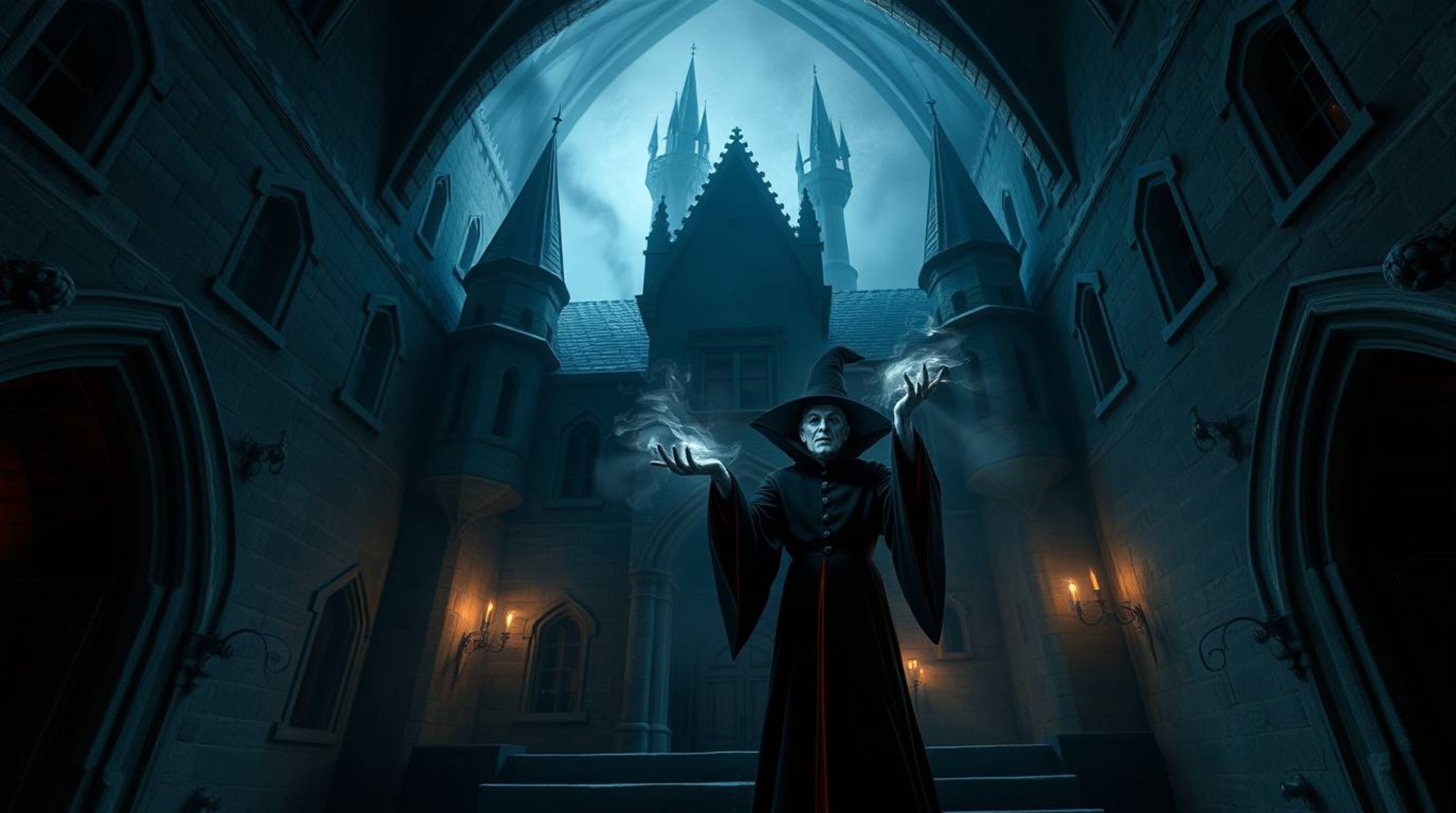 This precise architectural color photograph captures a classic Disney villain casting a spell within a creepy, atmospheric ol