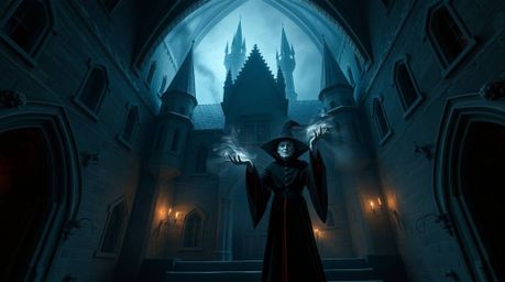 This precise architectural color photograph captures a classic Disney villain casting a spell within a creepy, atmospheric ol