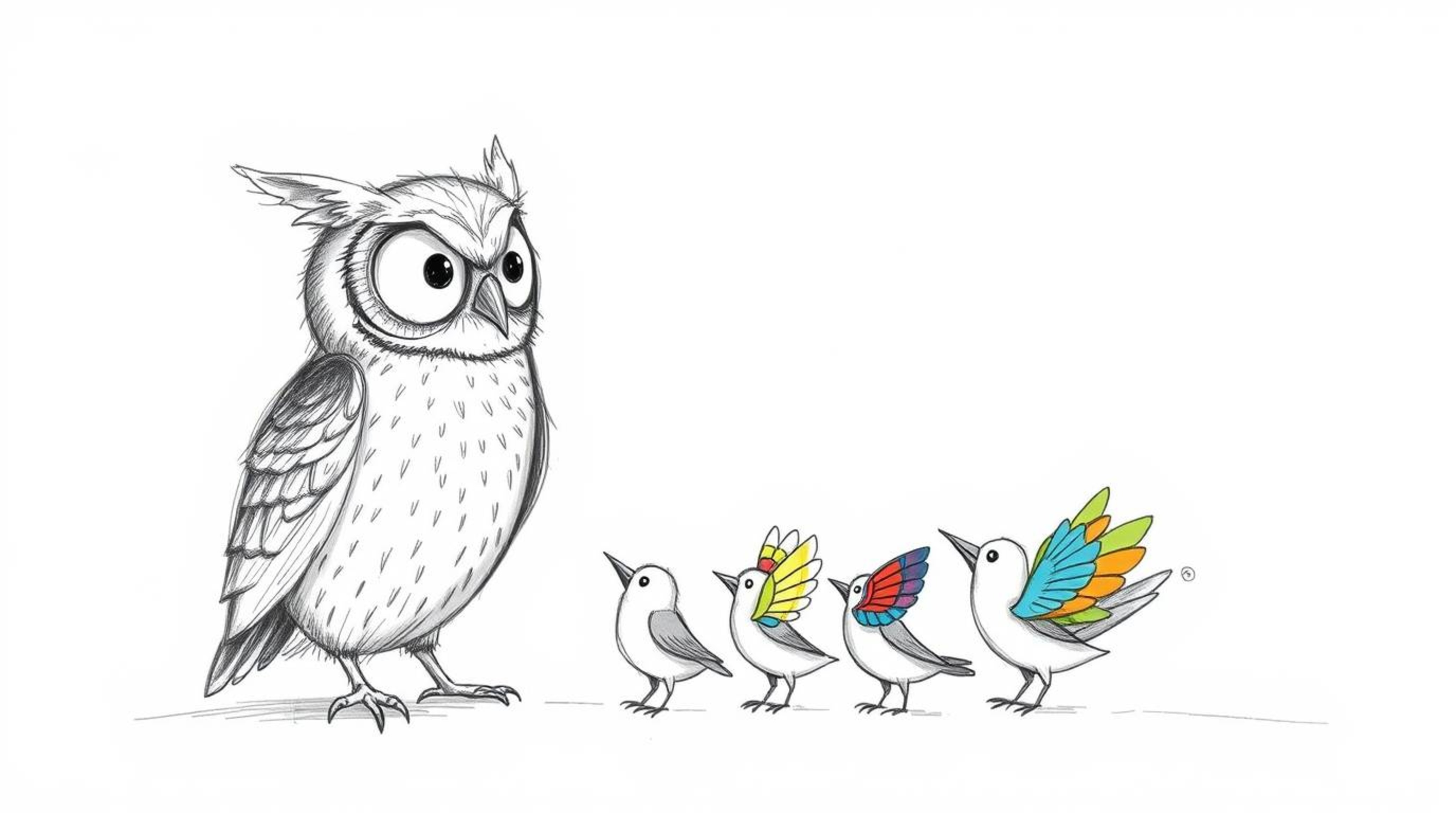 A whimsical hand-drawn sketch depicts a blind owl, rendered in a textured pencil style evocative of Pixar animation, guiding 