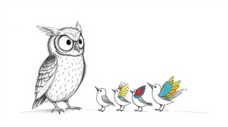 A whimsical hand-drawn sketch depicts a blind owl, rendered in a textured pencil style evocative of Pixar animation, guiding 