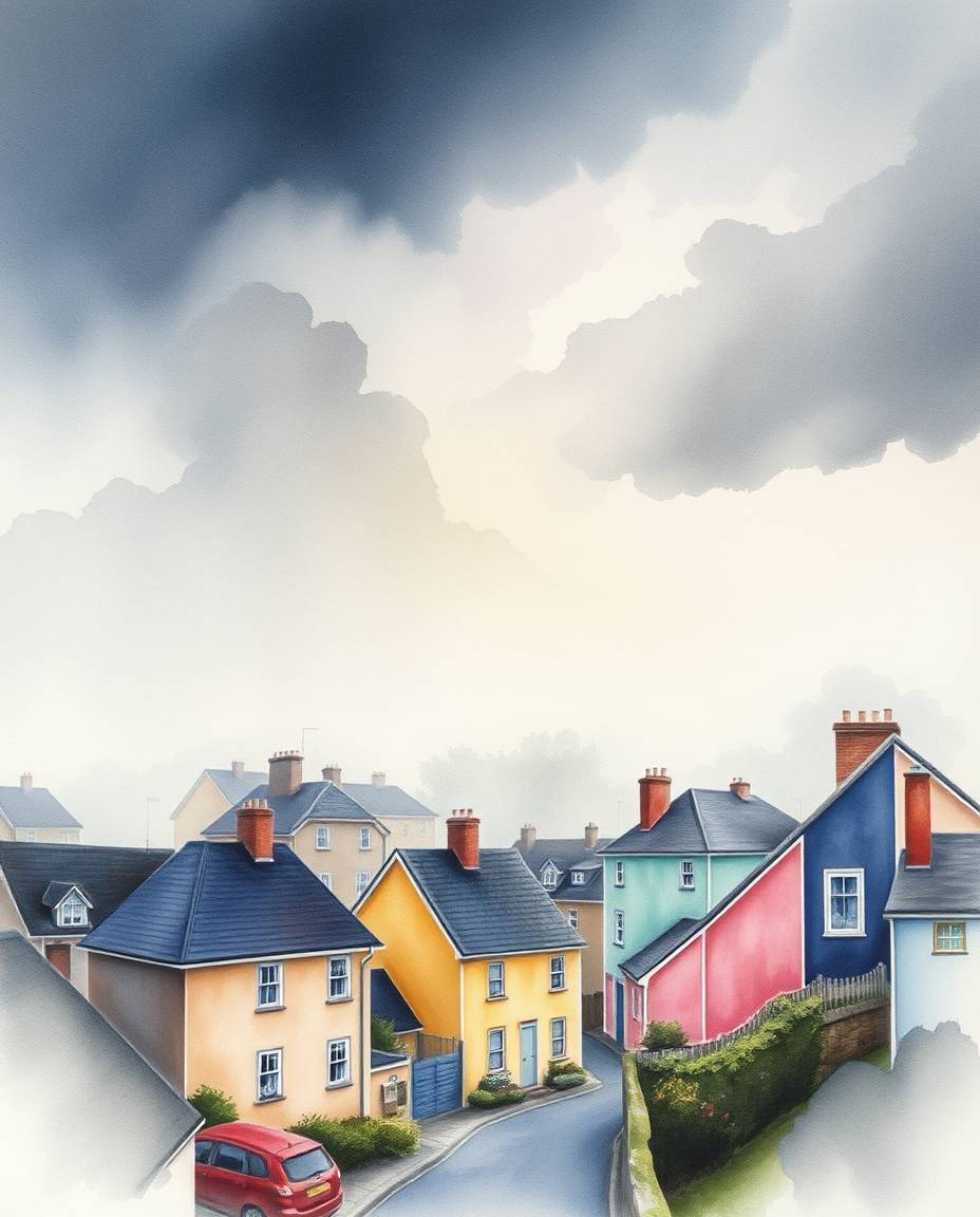 A captivating watercolor painting depicts a sleepy town nestled under stormy skies. Pastel-colored houses create a dreamy yet