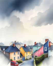 A captivating watercolor painting depicts a sleepy town nestled under stormy skies. Pastel-colored houses create a dreamy yet