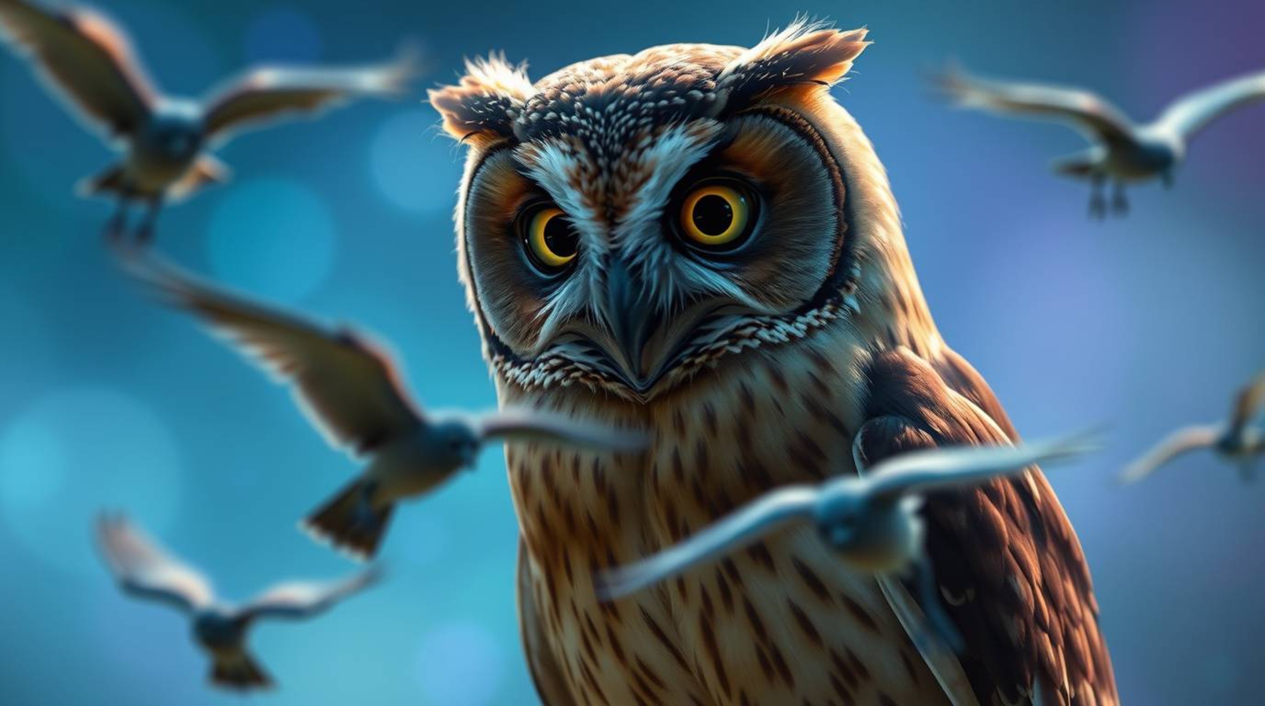 With an ethereal and spiritual vibe, this long exposure photograph depicts a blind owl in a Pixar style, teaching birds to fl