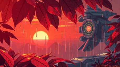 Immerse yourself in a futuristic sci-fi world with this stunning illustration, bathed in warm tones of red, orange, and yello