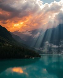 In a piece of candid street photography, volumetric lighting illuminates the reflections of fiery clouds in what appears to b