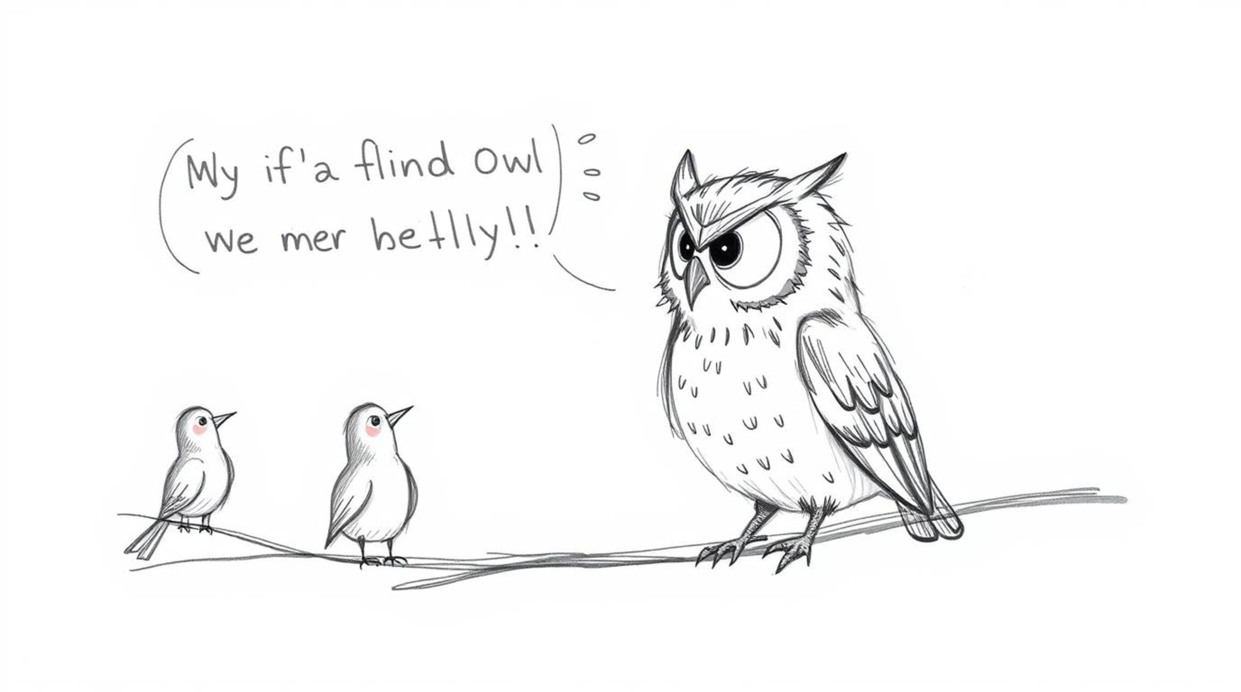 This captivating image showcases a hand-drawn sketch in the style of Pixar, featuring a blind owl lovingly guiding birds to f