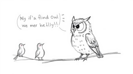 This captivating image showcases a hand-drawn sketch in the style of Pixar, featuring a blind owl lovingly guiding birds to f