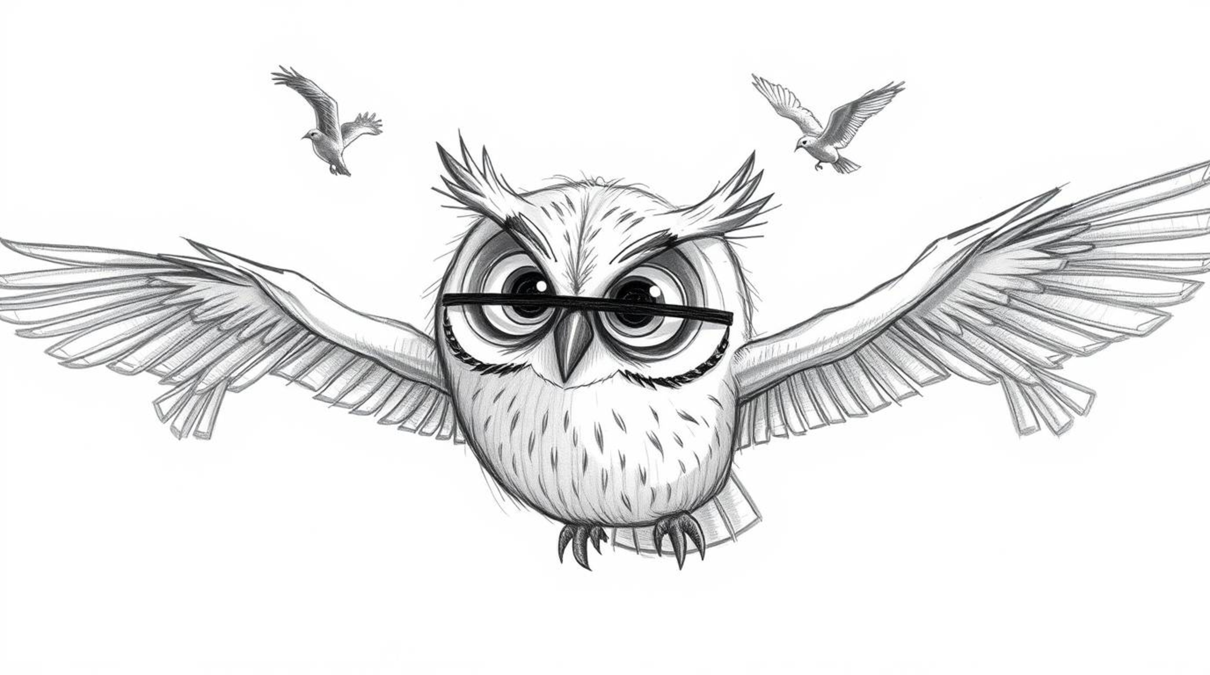 A textured pencil sketch, reminiscent of Pixar animation, depicts a large, expressive blind owl guiding birds in flight. Desp