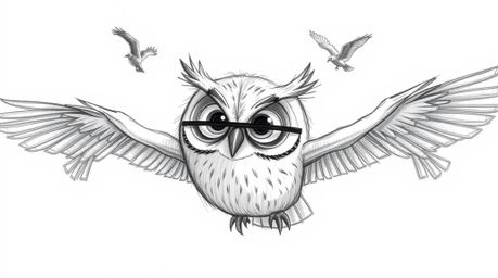 A textured pencil sketch, reminiscent of Pixar animation, depicts a large, expressive blind owl guiding birds in flight. Desp