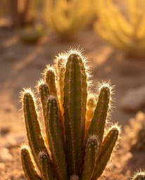 A radiant and luxurious desert cactus glows in soft, warm golden light. The scene is characterized by diffused shadows and su