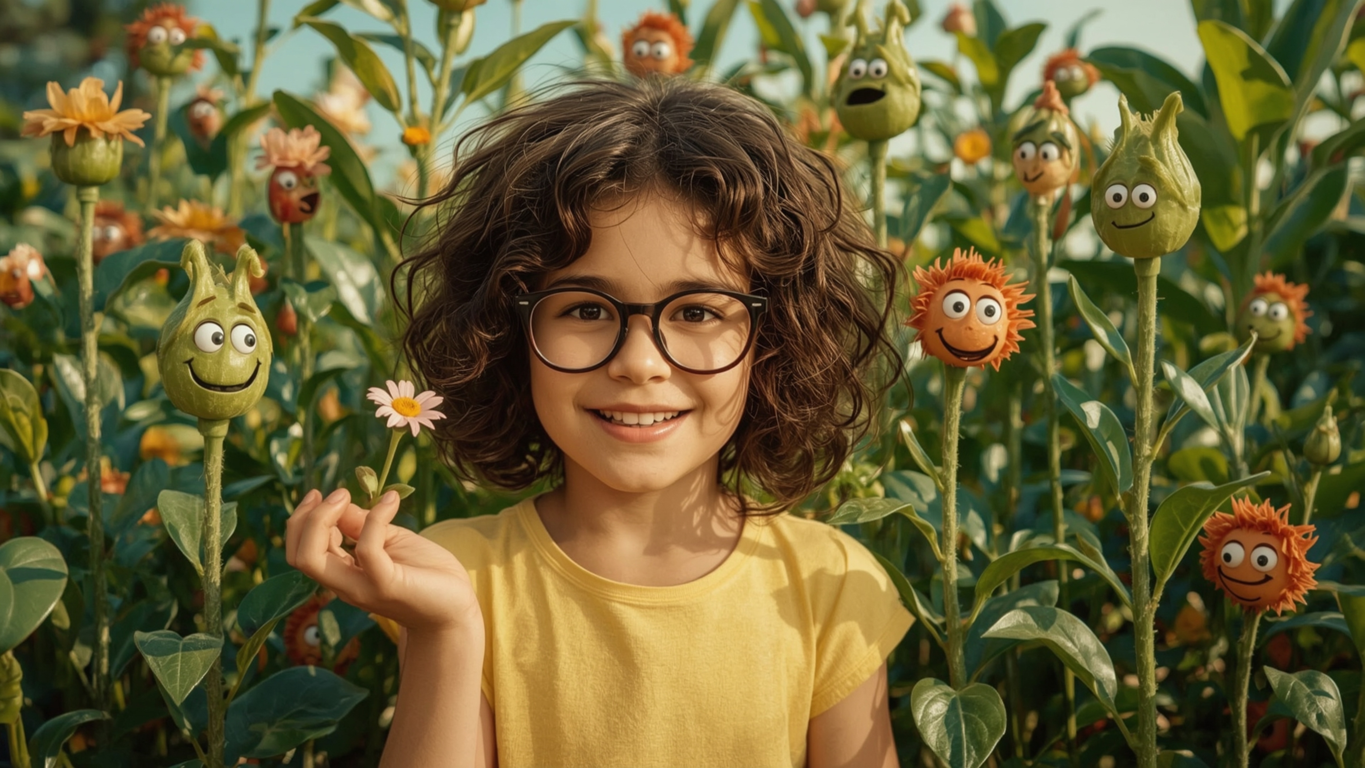 A high-resolution, vibrant, and whimsical stock photo features a brilliant, bespectacled young girl with curly brown hair, in