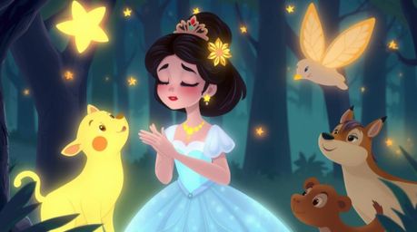 A mesmerizing scene unfolds with a princess possessing glowing bioluminescent skin, harmonizing her voice with the forest's c