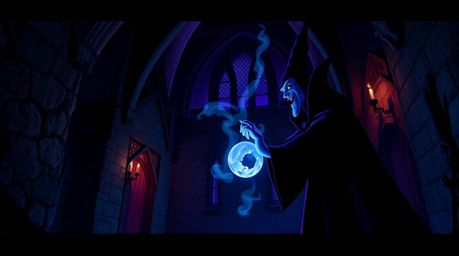 A captivating image of a classic Disney villain casting a spell within the walls of an ancient castle. Rendered in deep ultr