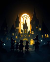 Experience the enchanting ambiance of a magical school bathed in silhouetted backlighting, showcasing an adorable and cute ae