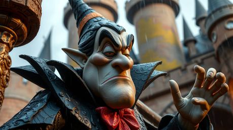 A captivating image featuring a classic Disney villain sculpted with a papier-mâché texture.  The scene is set in a majestic 