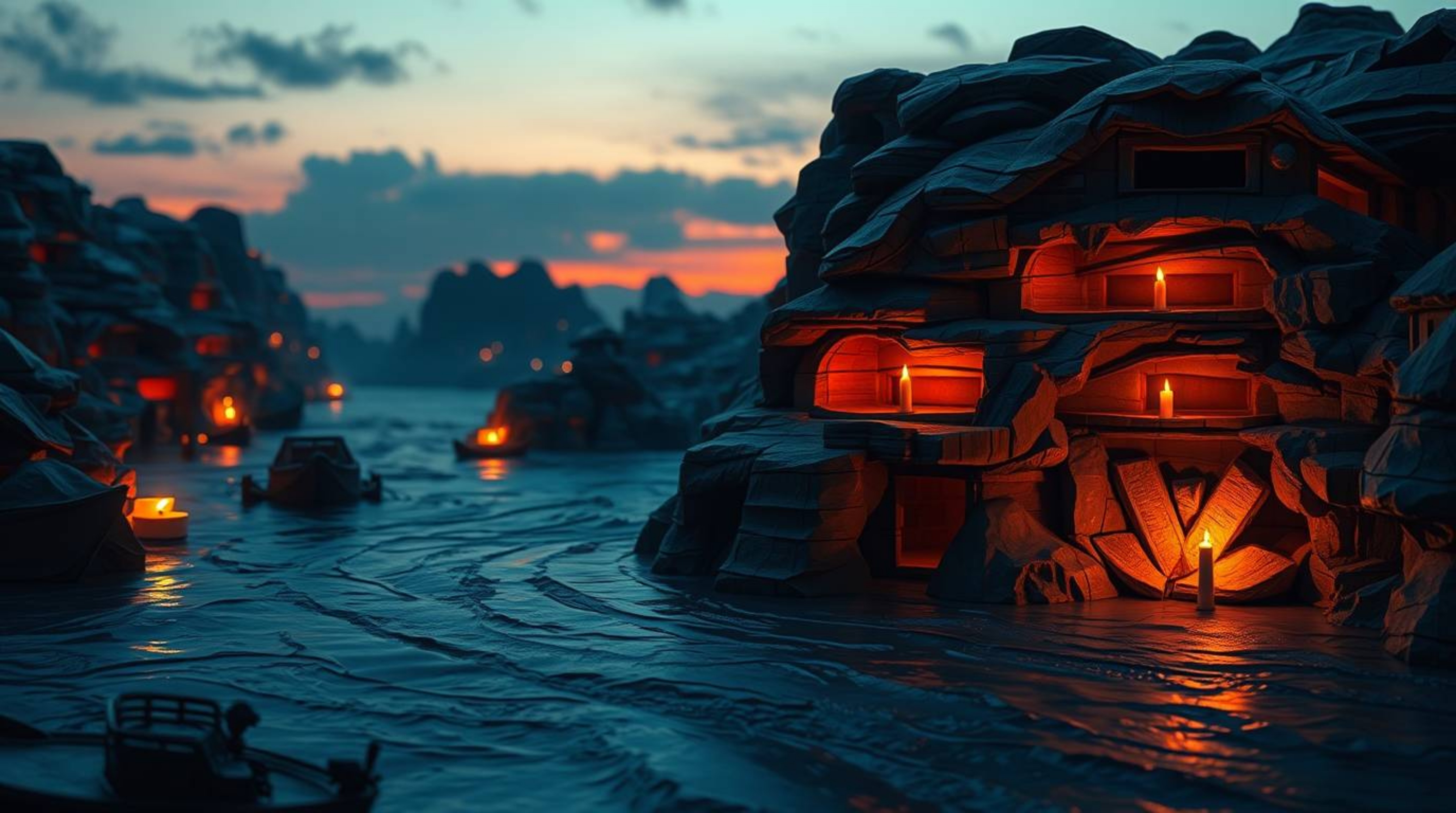 Experience the serene beauty of a river delta bathed in the warm hues of twilight, captured in a stunning layered papier-mâch