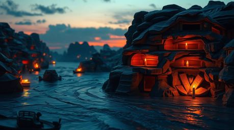 Experience the serene beauty of a river delta bathed in the warm hues of twilight, captured in a stunning layered papier-mâch